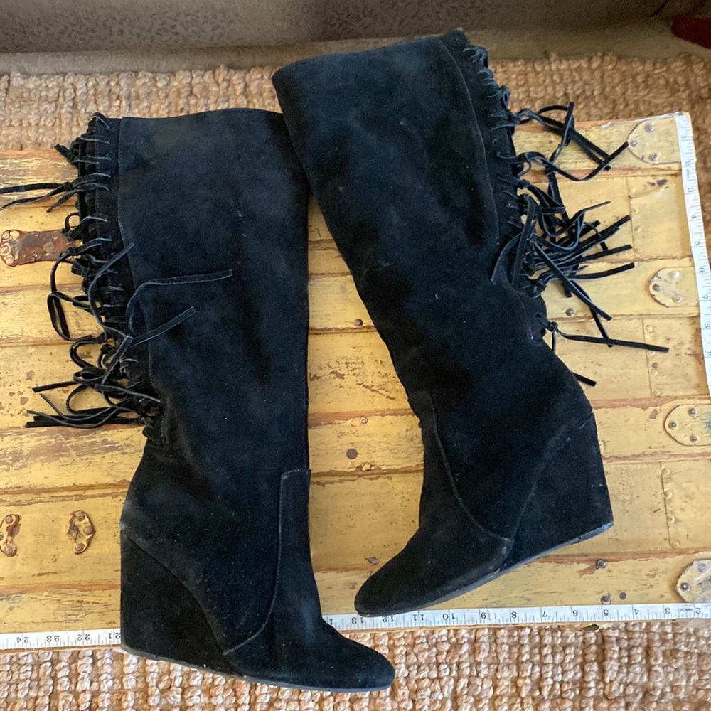 FREE PEOPLE 100% SUEDE LEATHER FRINGE TALL KNEE BOOTS FRINGE WEDGE